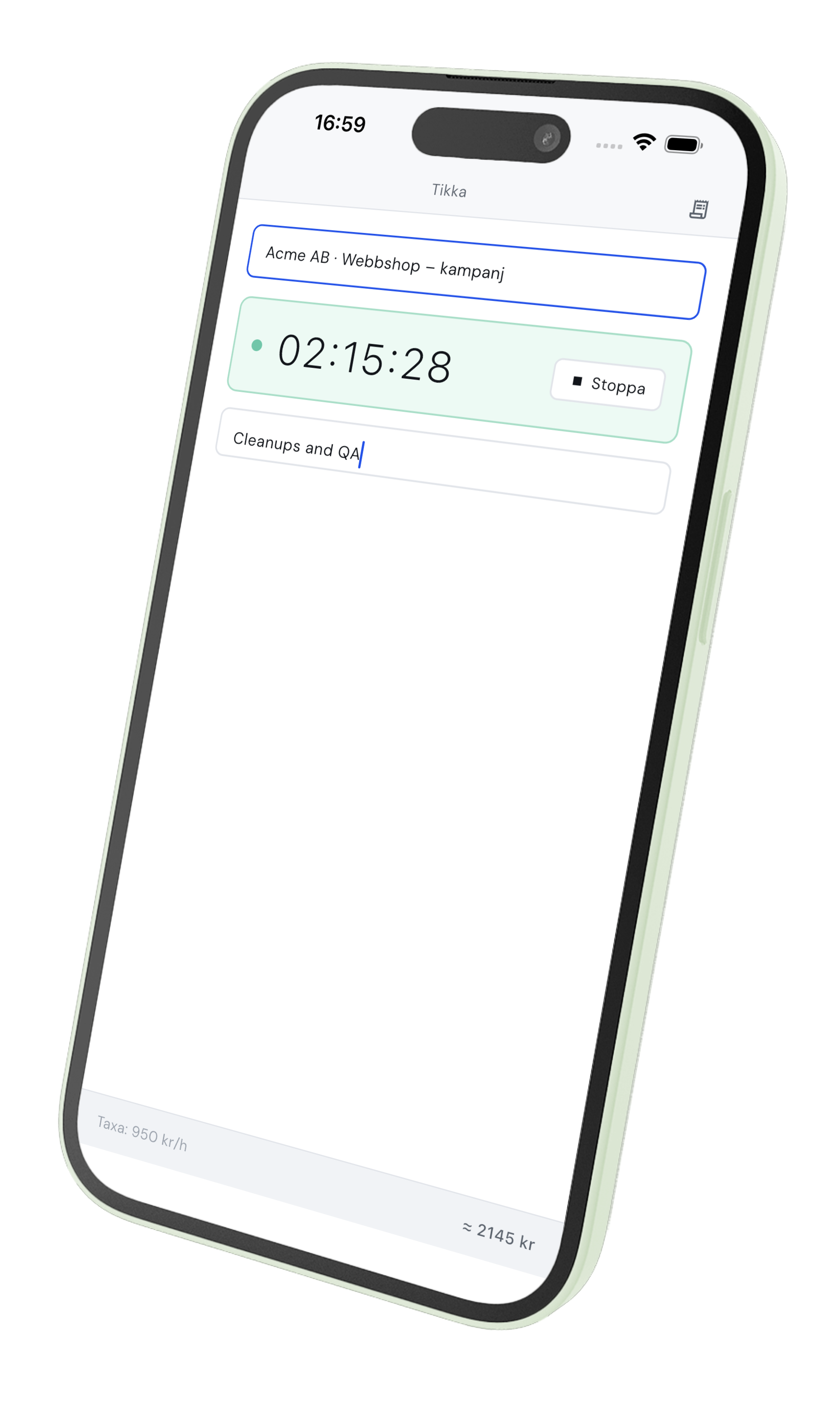 Tikka-appen på iPhone, med en timer igång för Acme AB
